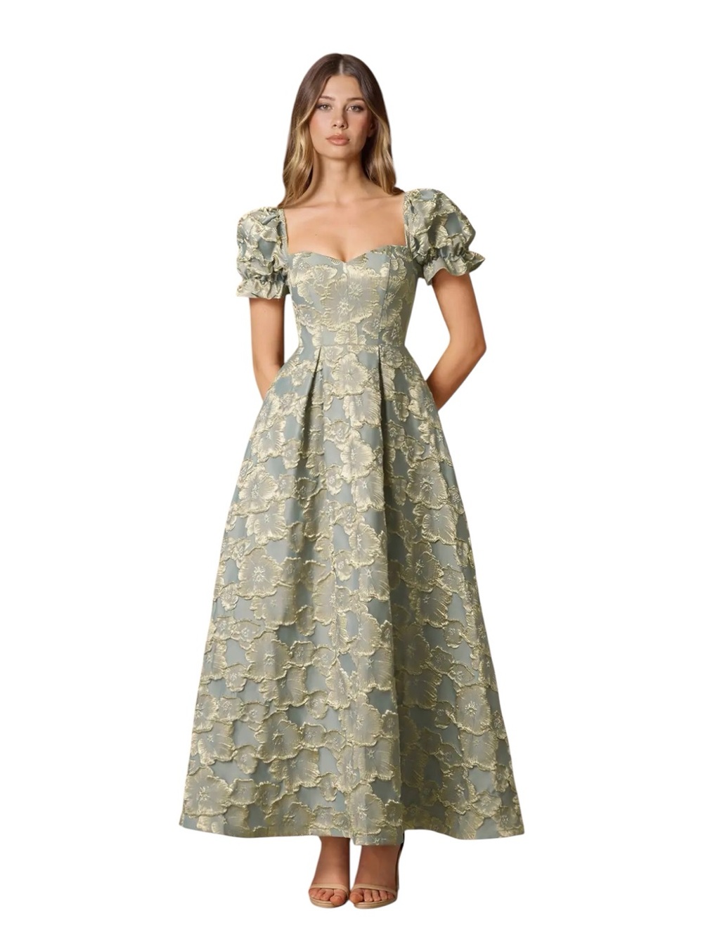 Azazie Atelier Amy Maxi Dress Blue Metallic Jacquard Maxi US 16 NWT